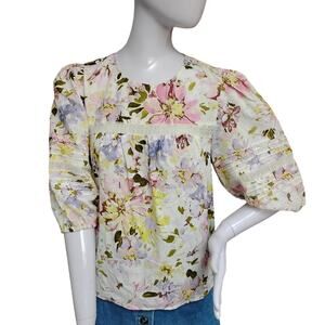 Sanctuary Cottagecore Blouse Size XS White Green Lilac Floral Print Puffy Sleeve